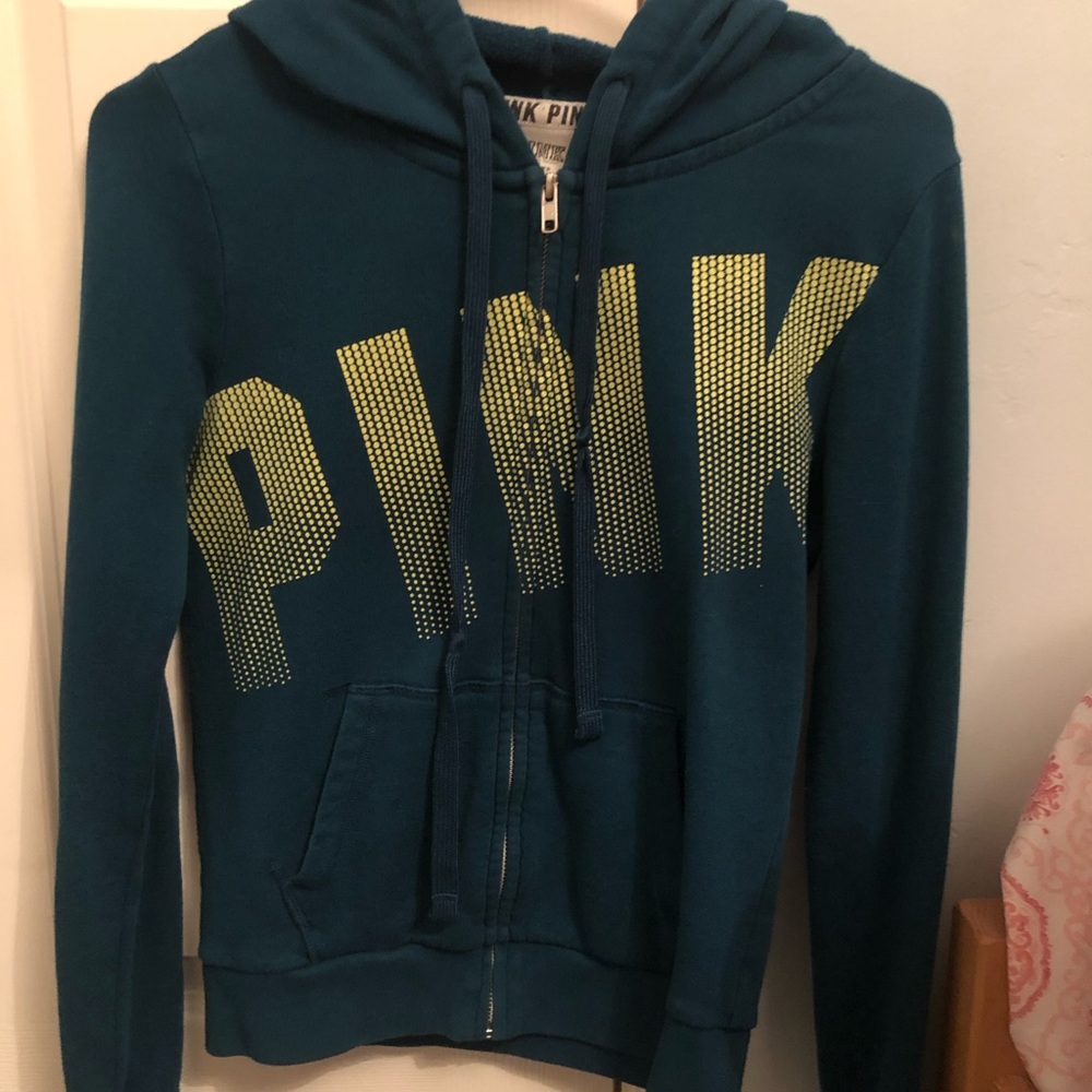 VS PINK light zip up jacket pink logo in aqua